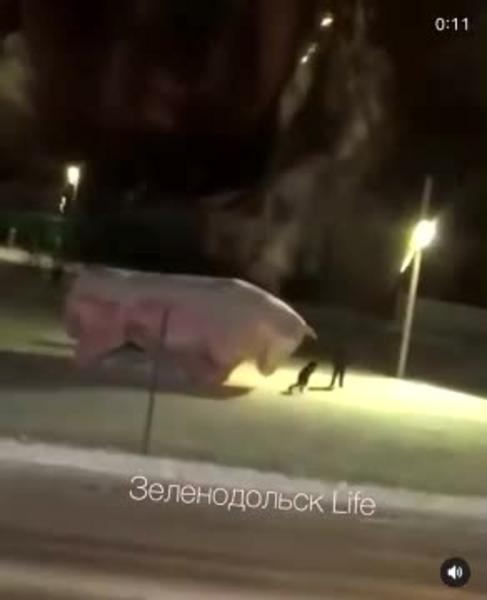 Вандалы добрались до снежного быка в Зеленодольске: мальчик пнул фигуру и попал на видео