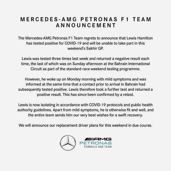 Семикратный чемпион мира Формулы 1 Льюис Хэмилтон заразился коронавирусом