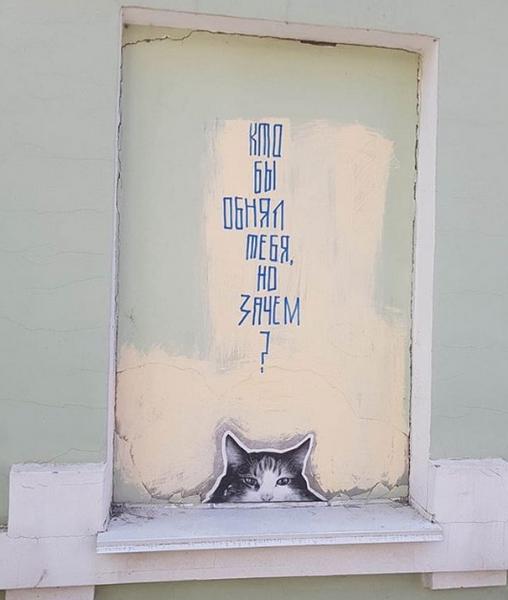 «Кому котик помешал?»: в Казани коммунальщики закрасили граффити с котом