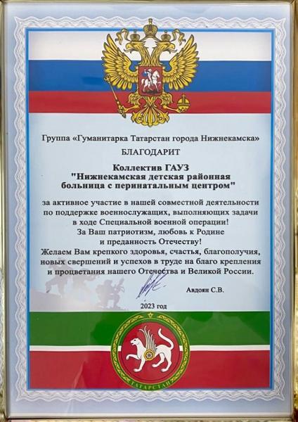 Детских врачей Нижнекамска поблагодарили за помощь бойцам СВО