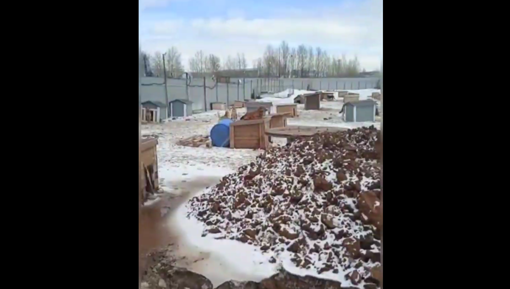 Территорию затопило талыми водами.