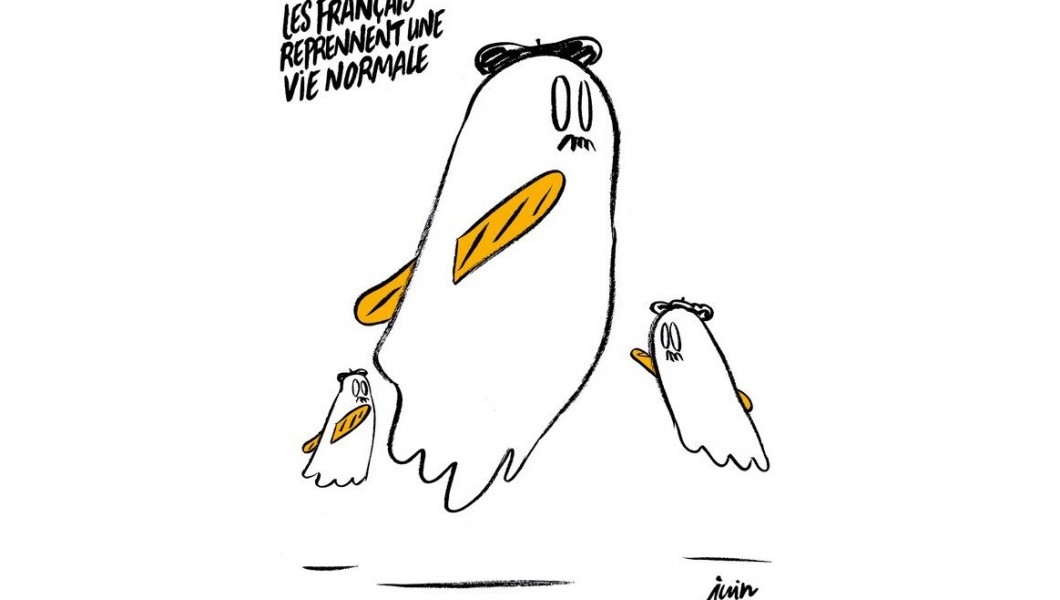 Карикатура на теракты в Париже вышла со статьей редактора сатирического журнала Charlie Hebdo.   На рисунке изображены привидения в шапочках и с багетами. Подпись
